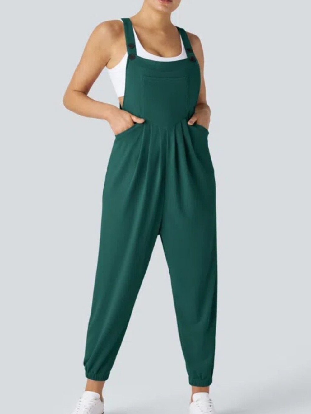 Halara Adjustable Strap Cuffed Waffle Knit Casual Overalls Forest Biome Green M - Picture 3 of 14